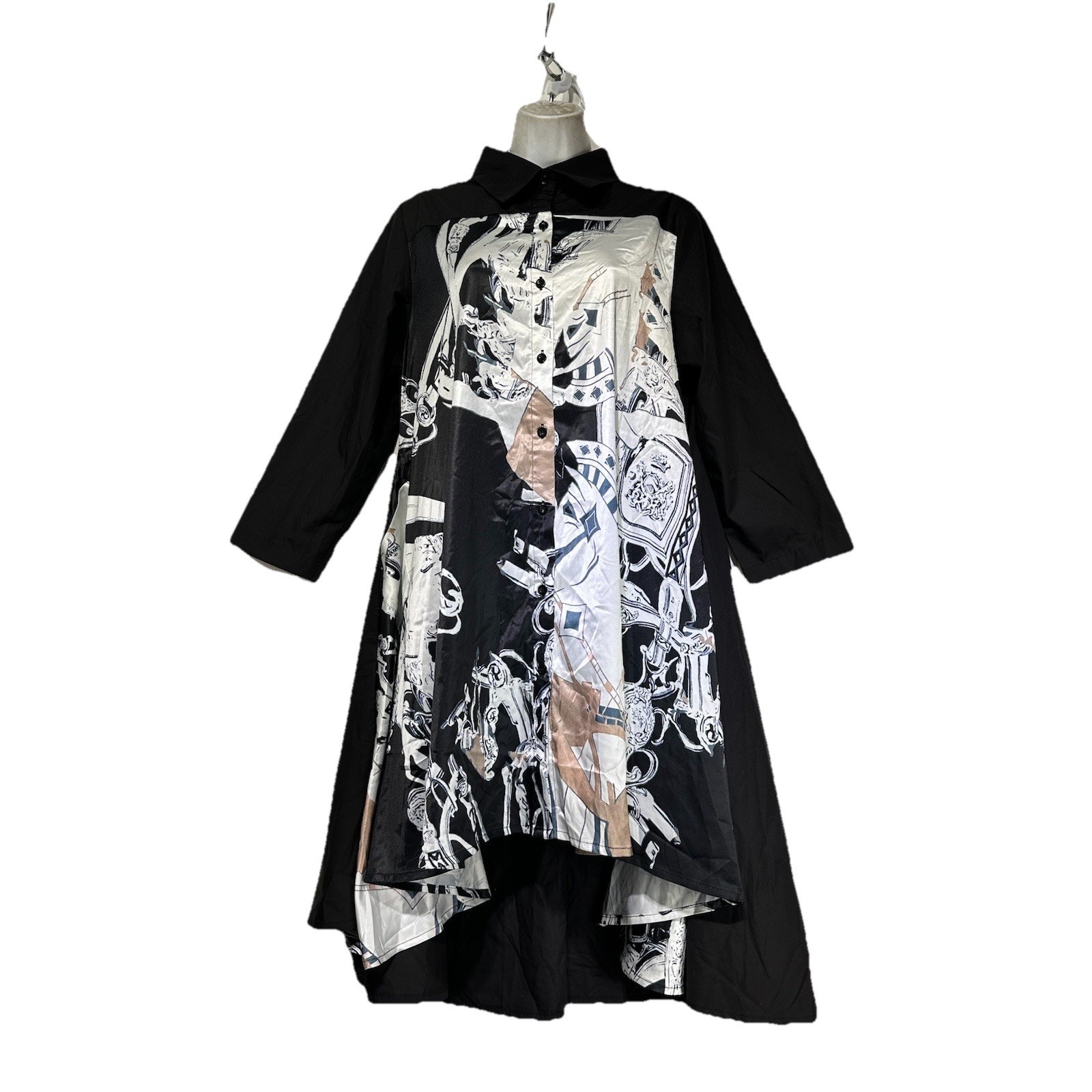 Gracia Size S Black Artsy Lagenlook Oversized Cotton Graphic Print Shirt Dress